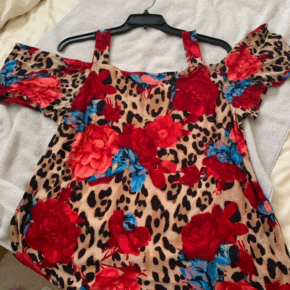 Red floral animal print tags on, shoulder straps  off the shoulder sleeve